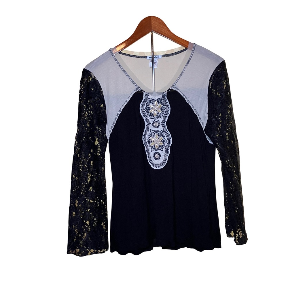 Krista Lee Blouse Womens Large Black Cream Lace Sleeve Beaded Boho  Mixed Media